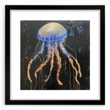 Framed wall art featuring a vibrant jellyfish design in shades of blue and purple, set against a sleek black mat, perfect for marine life enthusiasts' decor.