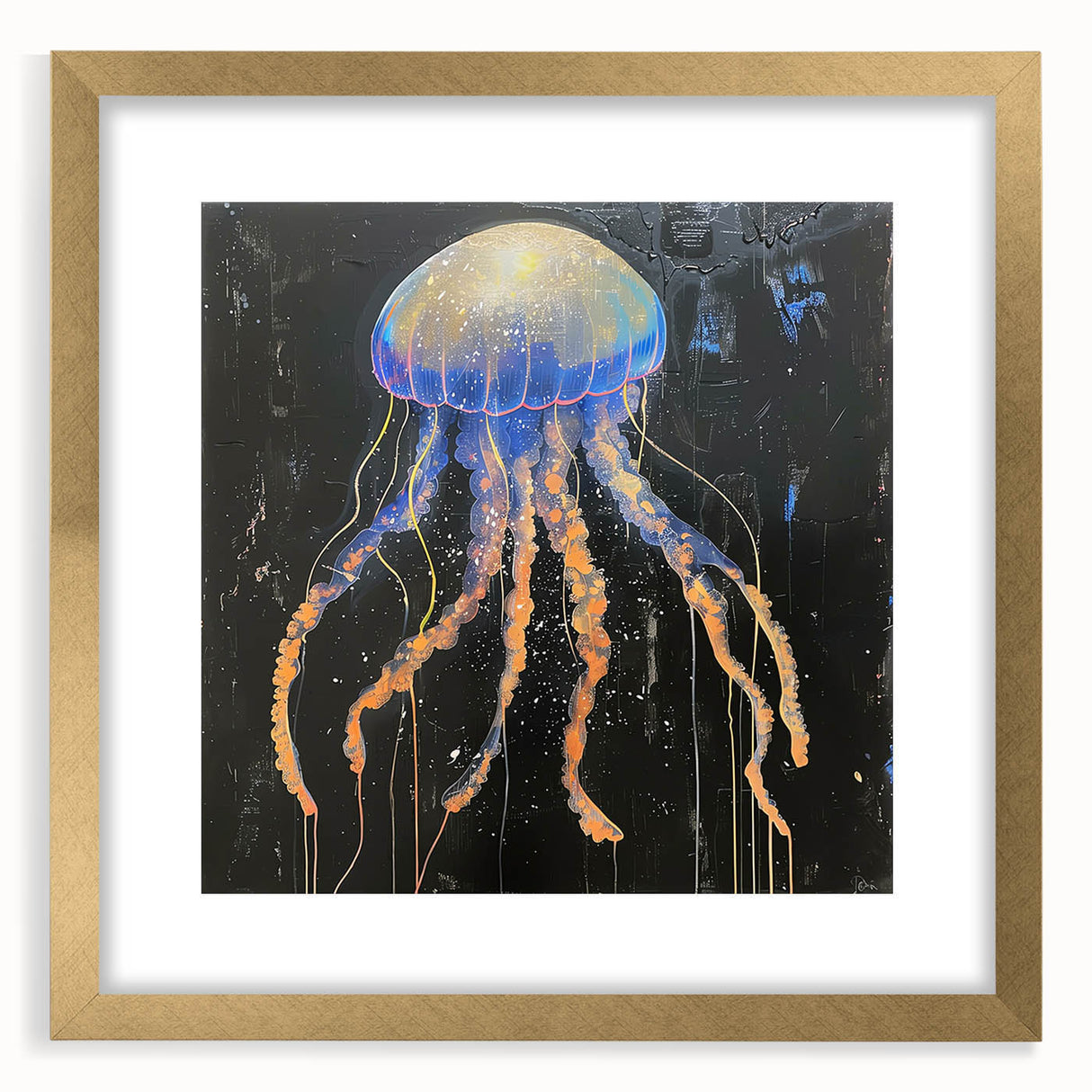 Framed wall art depicting a vibrant jellyfish design in shades of blue and purple, elegantly matted with a gold frame, perfect for marine life enthusiasts.