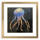 Framed wall art depicting a vibrant jellyfish design in shades of blue and purple, elegantly matted with a gold frame, perfect for marine life enthusiasts.