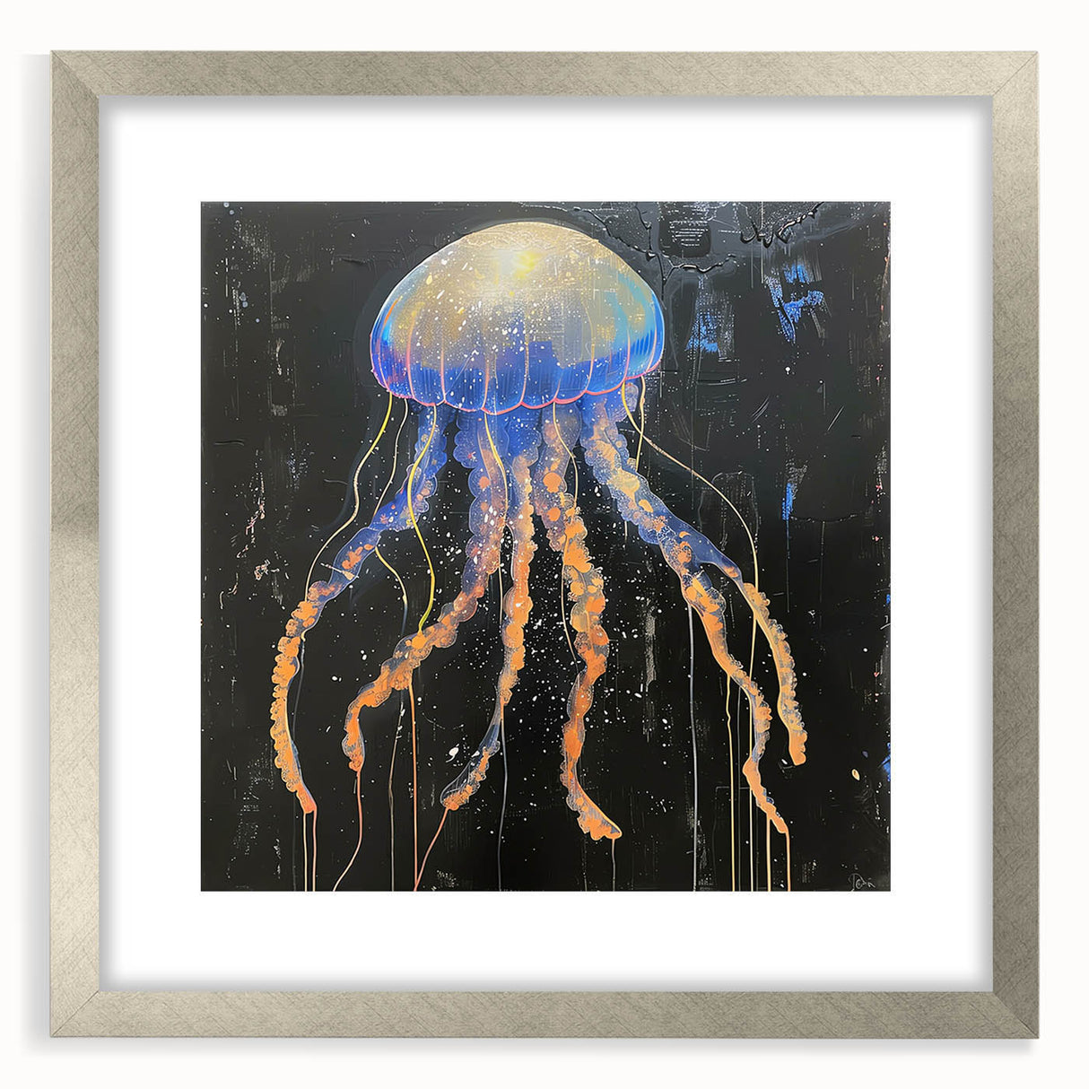 Elegant framed wall art featuring a vibrant jellyfish design in a silver frame with a white mat, perfect for marine life enthusiasts and home decor.