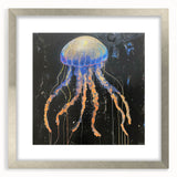 Elegant framed wall art featuring a vibrant jellyfish design in a silver frame with a white mat, perfect for marine life enthusiasts and home decor.