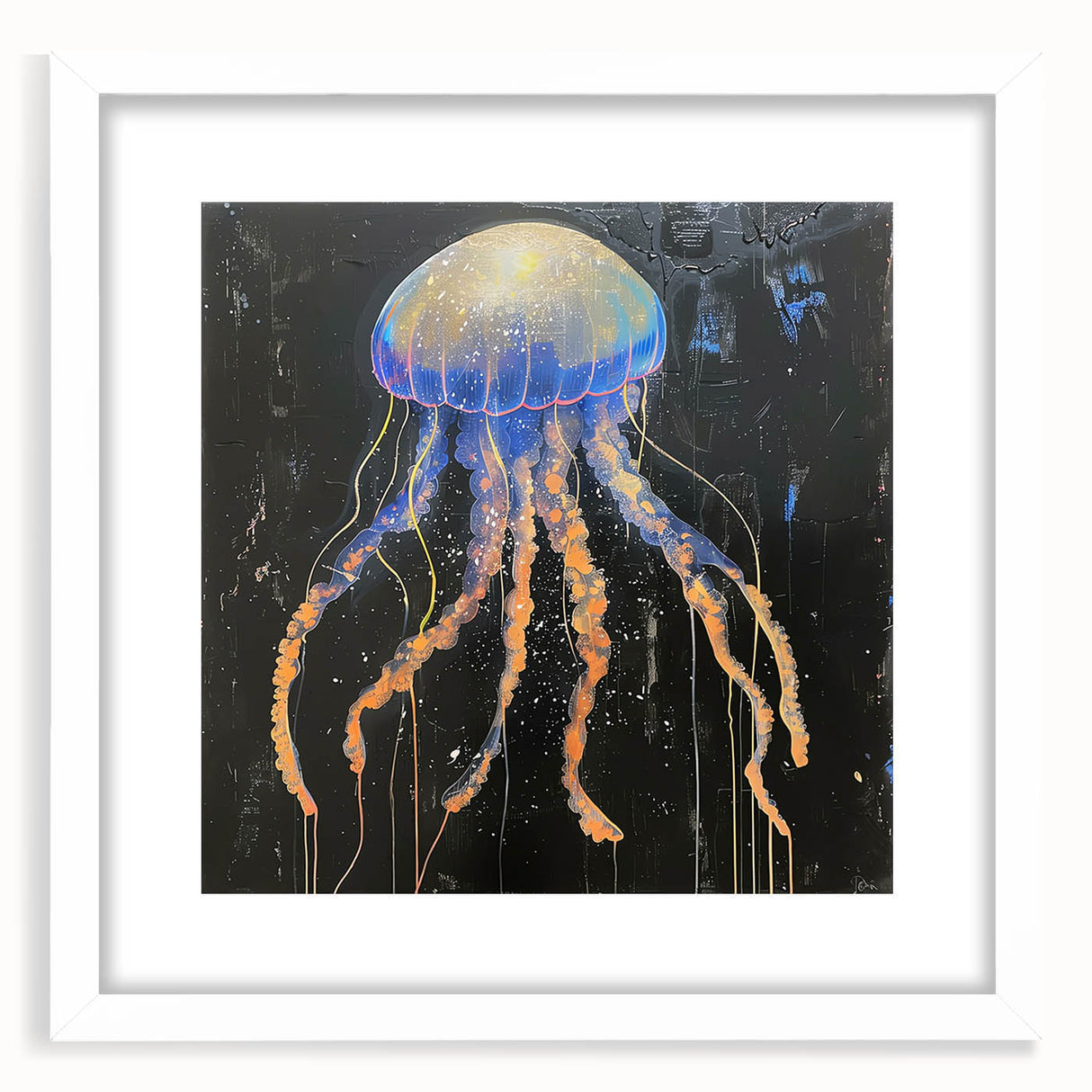 Marine life-themed wall art featuring a vibrant jellyfish design, framed with a white mat, showcasing intricate details and colors for ocean-inspired decor.