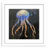 Marine life-themed wall art featuring a vibrant jellyfish design, framed with a white mat, showcasing intricate details and colors for ocean-inspired decor.