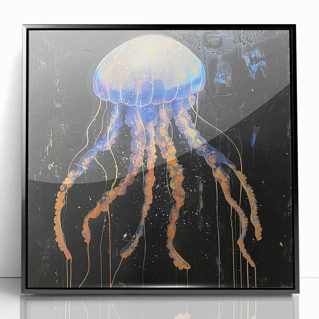 Framed wall art showcasing a vibrant jellyfish design in shades of blue and orange, set against a sleek black frame, perfect for marine-themed decor.