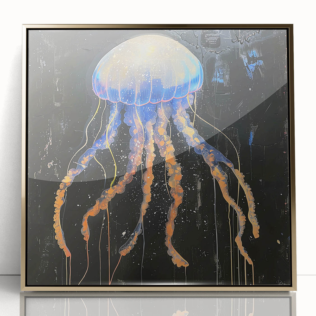 Framed acrylic wall art showcasing a vibrant jellyfish design with gold accents, perfect for marine-themed decor. Ideal for modern interiors and ocean lovers.
