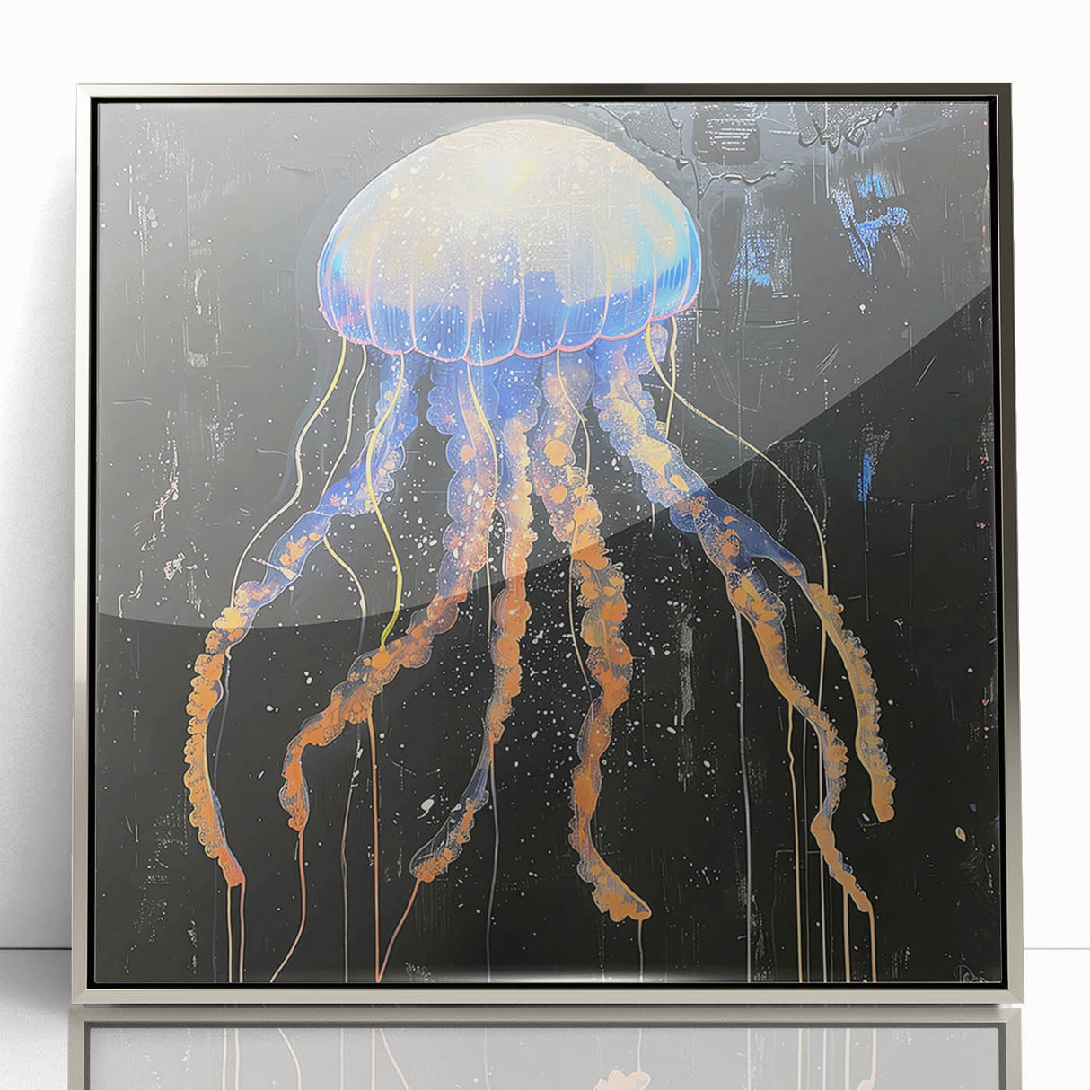 Framed wall art featuring a vibrant jellyfish design in shades of blue and purple, elegantly displayed in a silver frame, perfect for marine-themed decor.