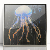 Framed wall art featuring a vibrant jellyfish design in shades of blue and purple, elegantly displayed in a silver frame, perfect for marine-themed decor.