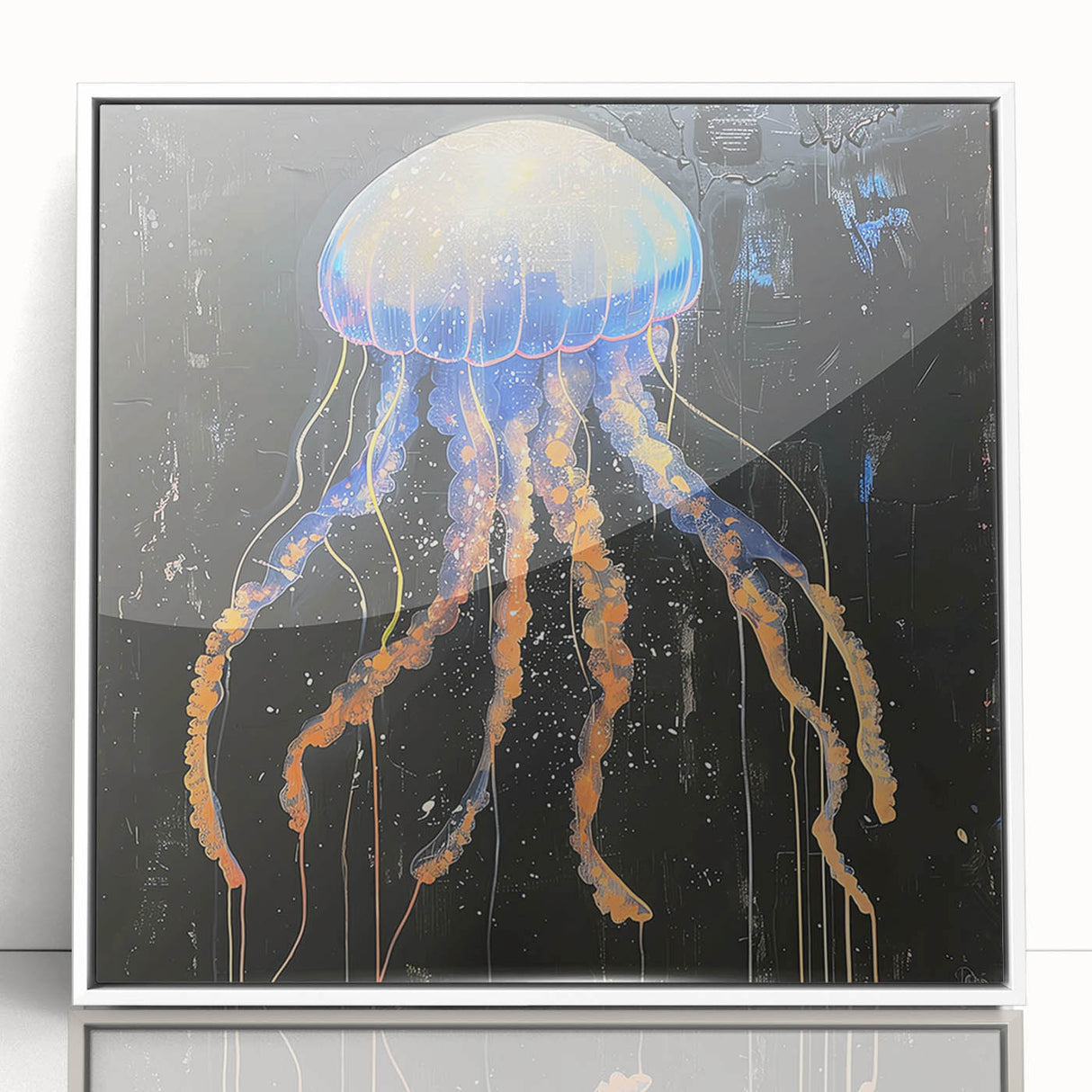 Framed acrylic wall art showcasing a vibrant jellyfish design in shades of blue and purple, set against a white background for a modern decor accent.