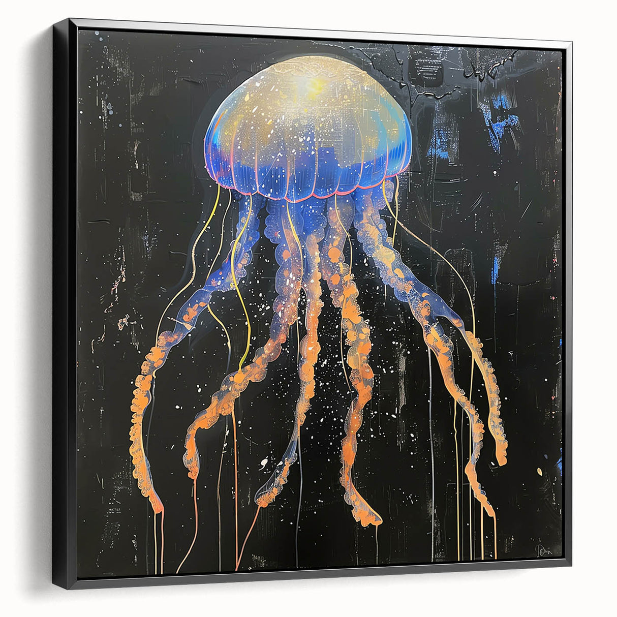Framed canvas wall art showcasing a vibrant jellyfish design, featuring rich blue and orange hues, set against a sleek black frame, ideal for marine-themed decor.