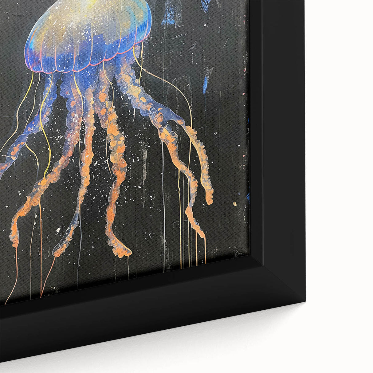Close-up of a vibrant jellyfish wall art design on framed canvas, showcasing intricate details and colors, perfect for marine life enthusiasts and modern decor.