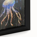 Close-up of a vibrant jellyfish wall art design on framed canvas, showcasing intricate details and colors, perfect for marine life enthusiasts and modern decor.