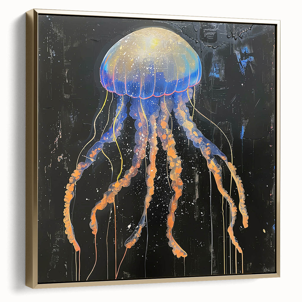 Framed canvas wall art featuring a vibrant jellyfish design in shades of blue and gold, showcasing marine life beauty with a sleek side view for elegant decor.