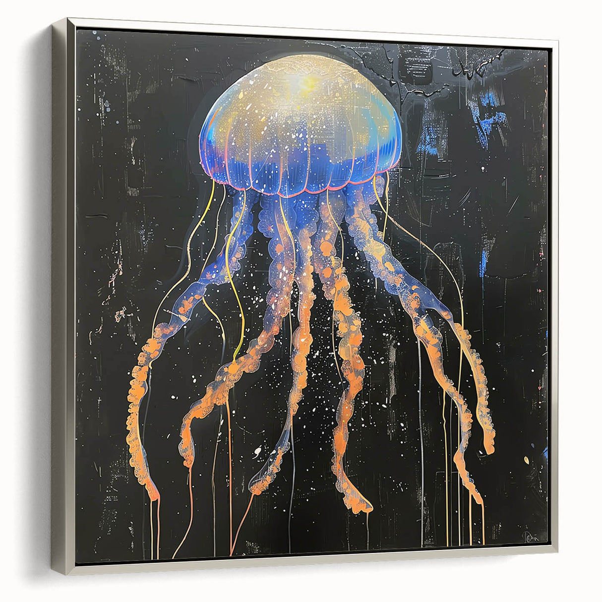 Framed canvas wall art displaying a vibrant jellyfish design with intricate details and a silver frame, perfect for marine-themed decor and enhancing interior aesthetics.