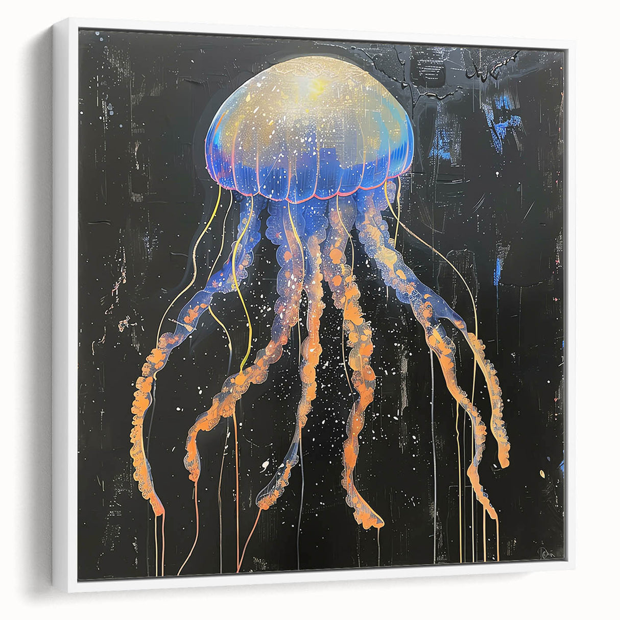 Framed canvas wall art featuring an intricate jellyfish design in vibrant colors, elegantly displayed against a white background, perfect for marine life enthusiasts.