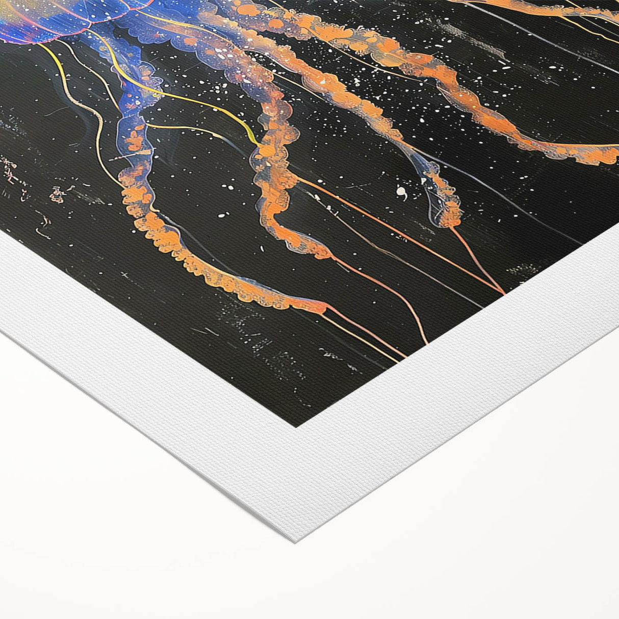 Colorful rolled canvas artwork showcasing a vibrant jellyfish design, perfect for marine life enthusiasts. Ideal for modern home decor, delivered in protective packaging.