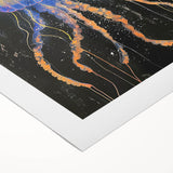 Colorful rolled canvas artwork showcasing a vibrant jellyfish design, perfect for marine life enthusiasts. Ideal for modern home decor, delivered in protective packaging.