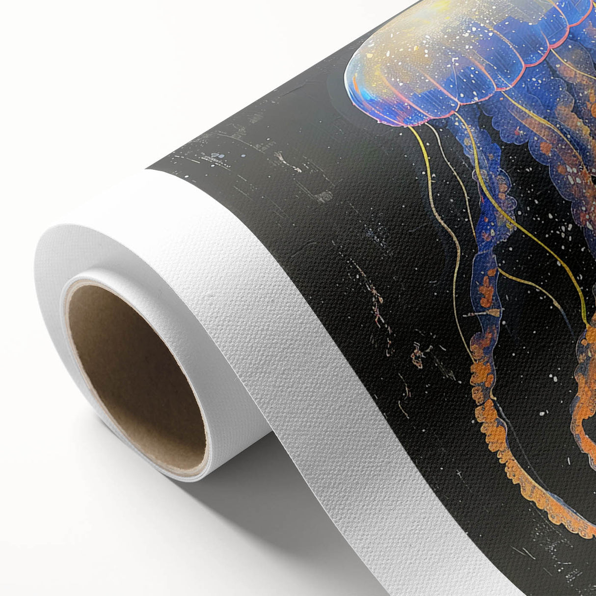 Vibrant jellyfish wall art design on rolled canvas, showcasing intricate colors and fluid shapes, perfect for marine life enthusiasts and modern decor.