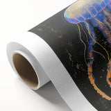 Vibrant jellyfish wall art design on rolled canvas, showcasing intricate colors and fluid shapes, perfect for marine life enthusiasts and modern decor.