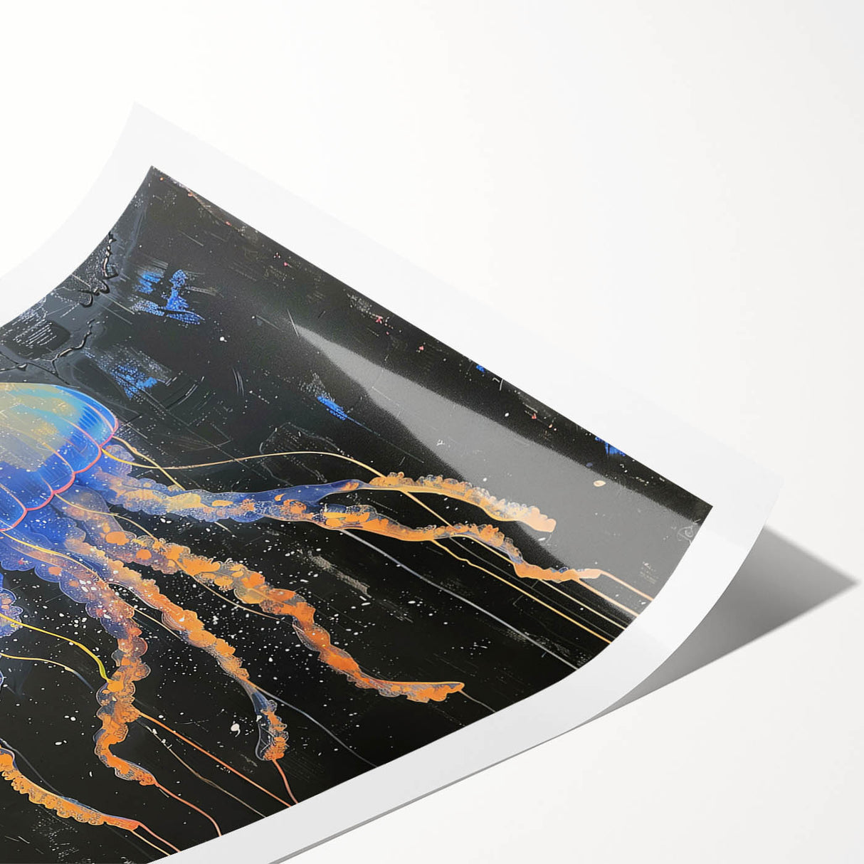 Vibrant jellyfish wall art print showcasing intricate marine life details, featuring soft blue and pink hues, rolled and ready for display or framing.