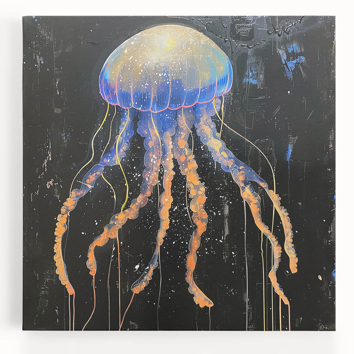 Stretched canvas wall art showcasing a vibrant jellyfish design in shades of blue and purple, perfect for marine life decor in contemporary settings. This artistic piece adds a touch of oceanic elegance to any room, appealing to nature enthusiasts and art lovers alike.