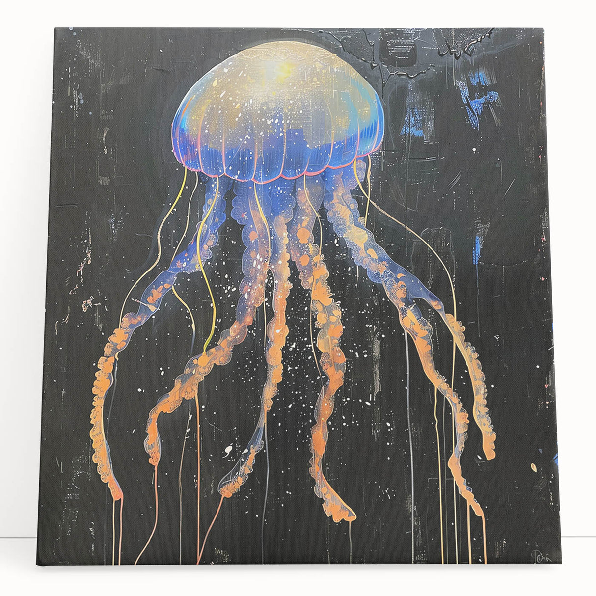Stretched canvas wall art featuring a vibrant jellyfish design in shades of blue and purple, perfect for marine life enthusiasts, enhancing coastal decor.