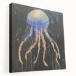 Stretched canvas wall art showcasing a vibrant jellyfish design in soothing blue and purple hues, perfect for marine-themed decor or ocean lovers.