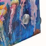 Close-up of a vibrant jellyfish design wall art piece, showcasing intricate details and fluid colors in an acrylic glass finish, perfect for marine-themed decor.