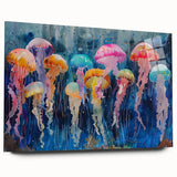Acrylic wall art collection showcasing a vibrant jellyfish design, displayed from a side view, emphasizing the translucent colors and fluid shapes in marine life decor.