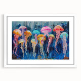 Elegant framed wall art showcasing a vibrant jellyfish design in shades of blue and purple, set against a white background, perfect for marine life enthusiasts.