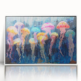 Framed wall art featuring a vibrant jellyfish design with intricate details, set in a white frame, perfect for marine life enthusiasts and home decor.
