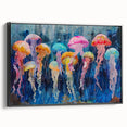 Framed wall art collection showcasing a vibrant jellyfish design on canvas, featuring a sleek black frame and side view presentation, perfect for marine life enthusiasts.