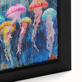 Close-up of a vibrant jellyfish design on a framed canvas wall art piece, showcasing intricate details and vivid colors, perfect for marine life enthusiasts.