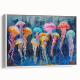 Framed wall art showcasing a vibrant jellyfish design in shades of blue and purple, set against a white background, perfect for marine life enthusiasts.