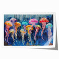 Vibrant jellyfish wall art print showcasing colorful marine life design, rolled and ready for display, perfect for adding a touch of oceanic beauty to any space.