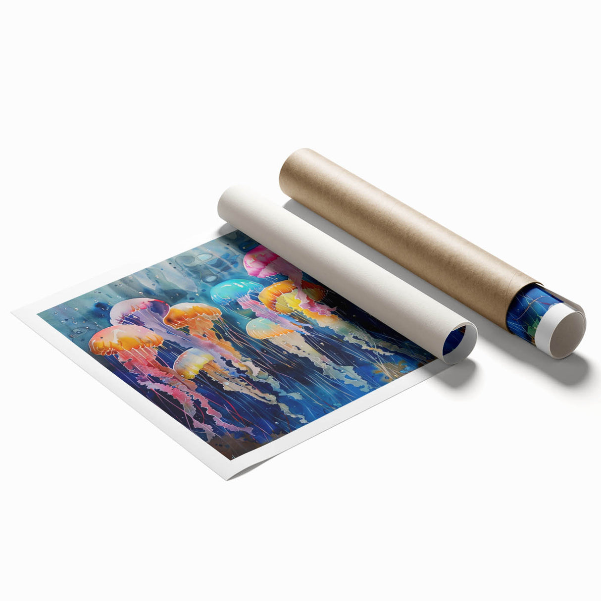 Colorful jellyfish wall art print showcasing intricate marine life designs in vibrant hues of blue, pink, and purple, perfect for ocean-themed decor.