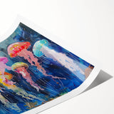 Colorful jellyfish illustration in a modern wall art design, showcasing vibrant blues and purples on a high-quality rolled print, perfect for marine decor enthusiasts.