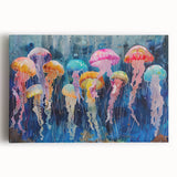 Vibrant jellyfish wall art design on stretched canvas, showcasing intricate details and fluid colors, perfect for marine life enthusiasts and modern decor.