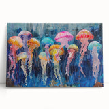 Stretched canvas wall art showcasing a vibrant jellyfish design in shades of blue and purple, perfect for marine life enthusiasts and modern decor.