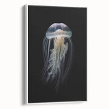 Framed canvas wall art featuring a vibrant jellyfish design in blue and purple tones, showcasing marine life aesthetics, perfect for ocean-themed decor.