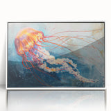 Framed acrylic wall art showcasing a vibrant jellyfish design in soothing blue and white hues, perfect for marine life enthusiasts, enhancing any modern decor.