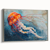 Framed wall art showcasing a vibrant jellyfish design, featuring intricate details and a silver frame, perfect for marine-themed decor in modern interiors.