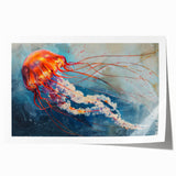 Vibrant jellyfish wall art print showcasing intricate marine life designs in shades of blue and purple, perfect for ocean-themed decor. Rolled for easy display.
