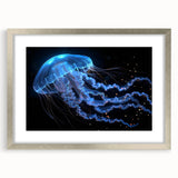 Framed wall art showcasing a stunning jellyfish design in vibrant colors, set in a sleek silver frame with a white mat, perfect for marine-themed decor.