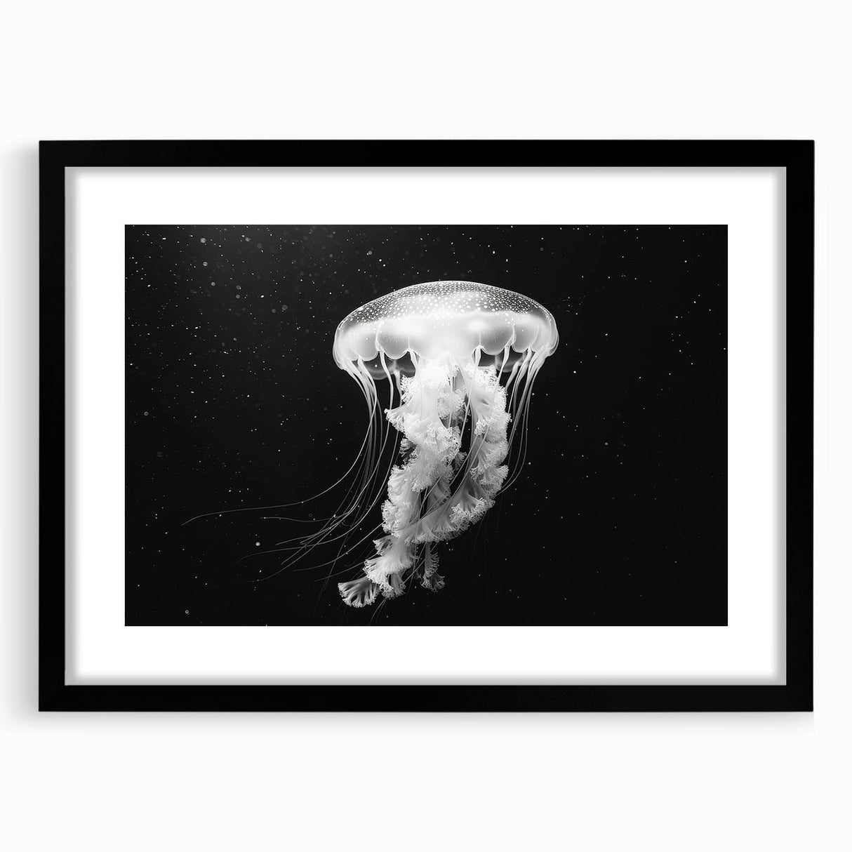 Framed wall art collection showcasing a vibrant jellyfish design in shades of blue and pink, featuring a sleek black frame and a white mat, perfect for marine life enthusiasts.