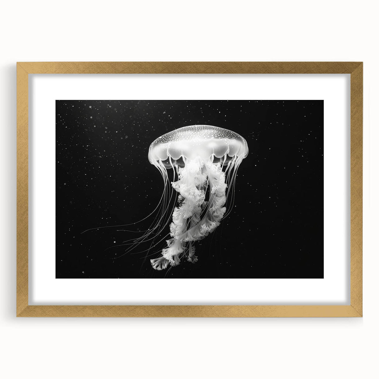 Elegant wall art featuring a stunning jellyfish design in vibrant colors, framed with a gold matte, perfect for marine life enthusiasts and contemporary decor.