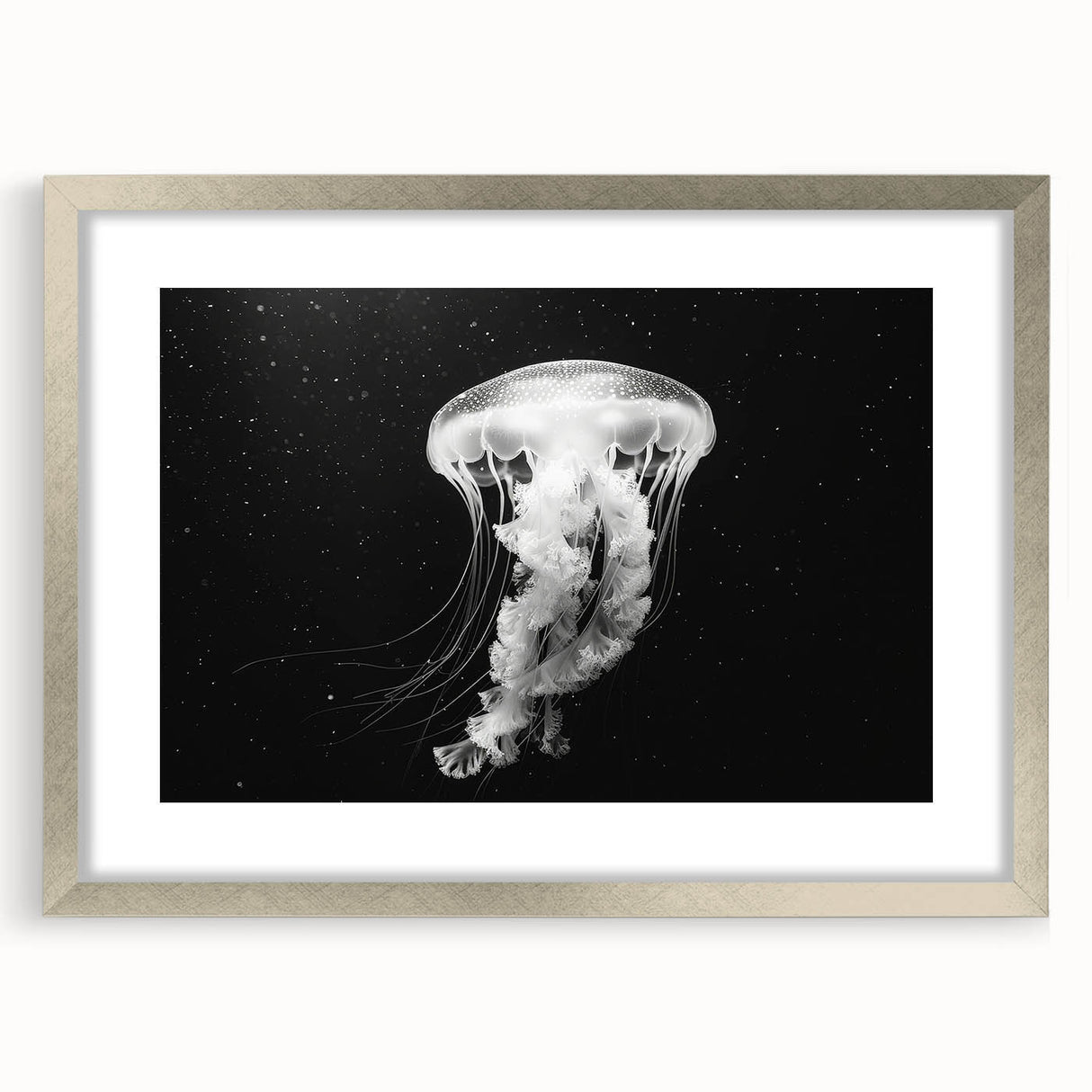 Framed wall art collection featuring a vibrant jellyfish design in silver frame, ideal for marine life enthusiasts, enhancing home decor and ambiance.