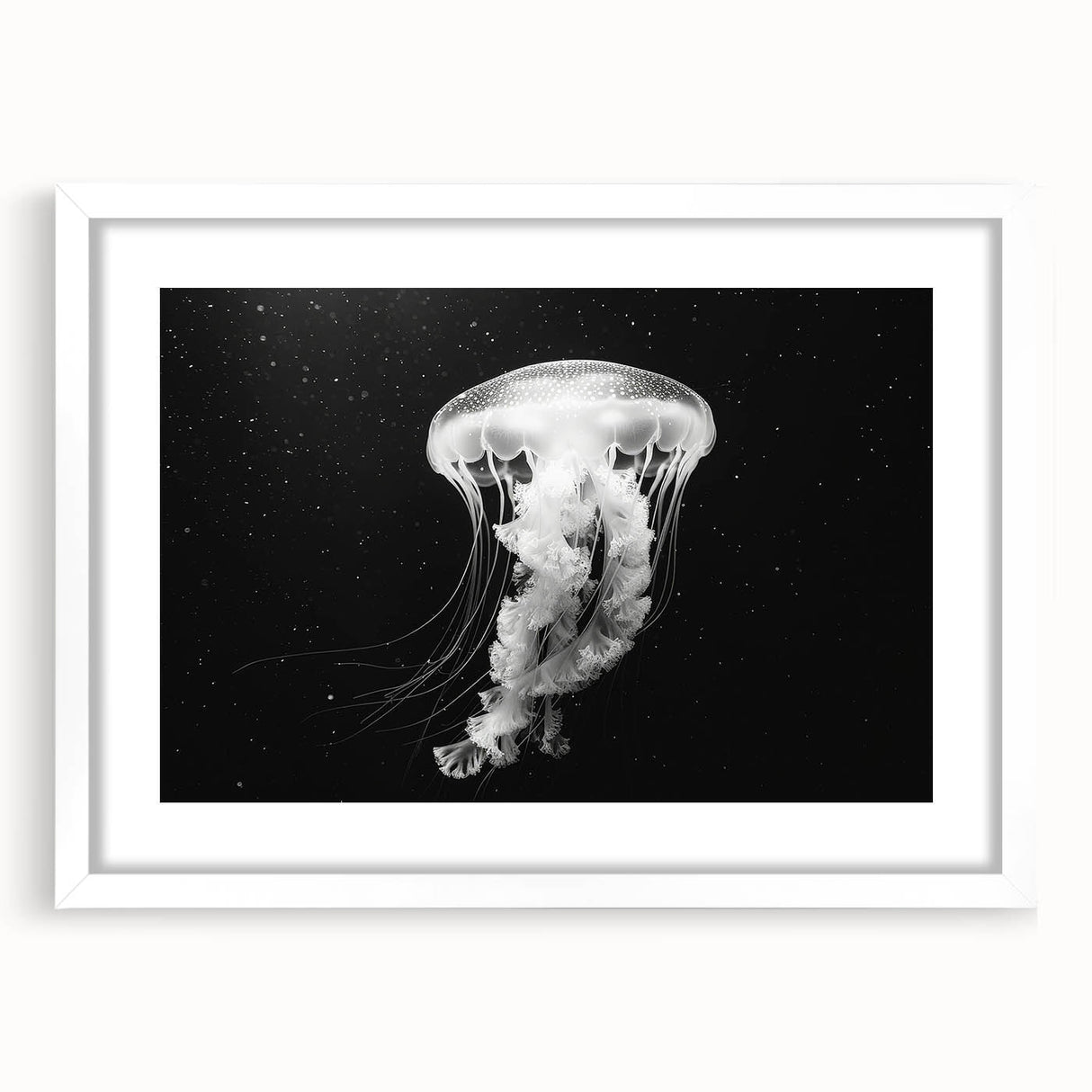 Framed wall art showcasing a vibrant jellyfish design in soothing blue and white hues, perfect for marine-themed decor. The artwork is elegantly matted, enhancing its visual appeal.