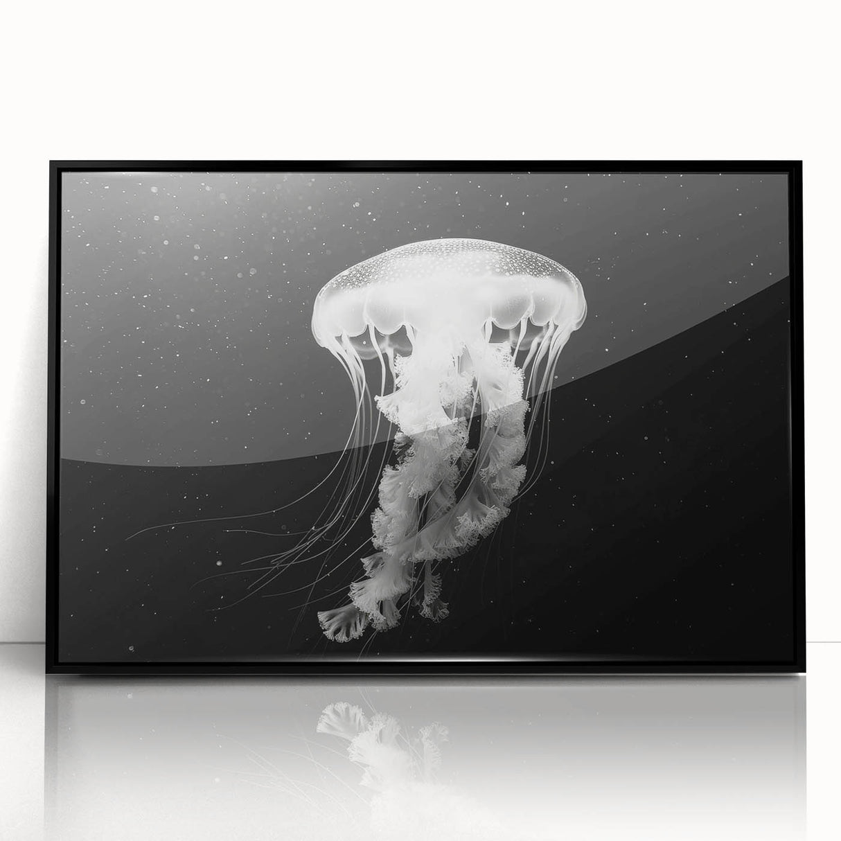 Framed wall art showcasing a vibrant jellyfish design in shades of blue and purple, set in a sleek black frame, perfect for marine-themed decor.