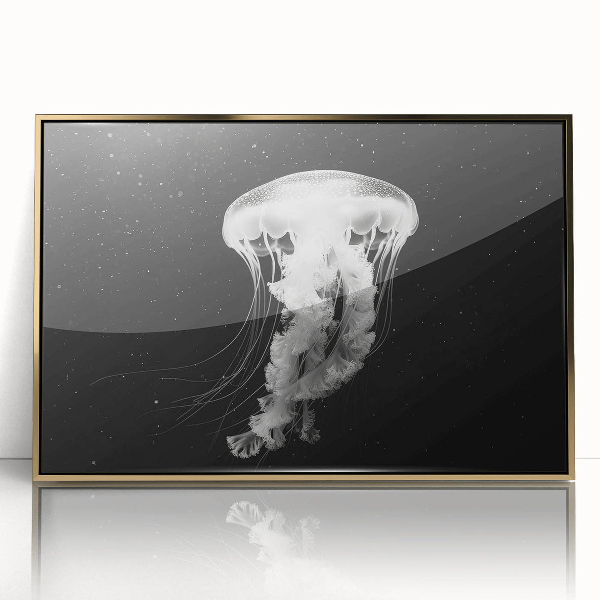 Framed wall art featuring a stunning jellyfish design in vibrant colors, set in an acrylic frame with a gold finish, perfect for marine-themed decor.