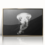 Framed wall art featuring a stunning jellyfish design in vibrant colors, set in an acrylic frame with a gold finish, perfect for marine-themed decor.